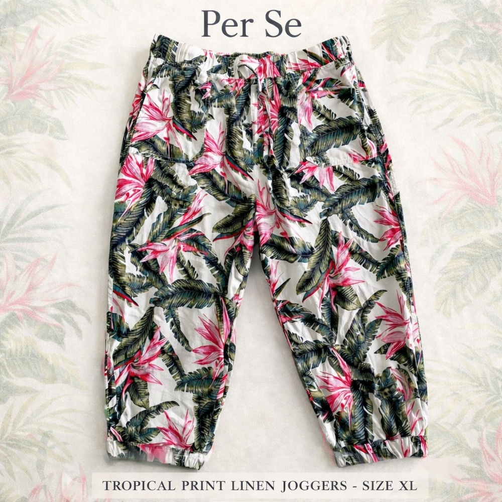 Per Se Tropical Print Linen Joggers in White, Green & Pink